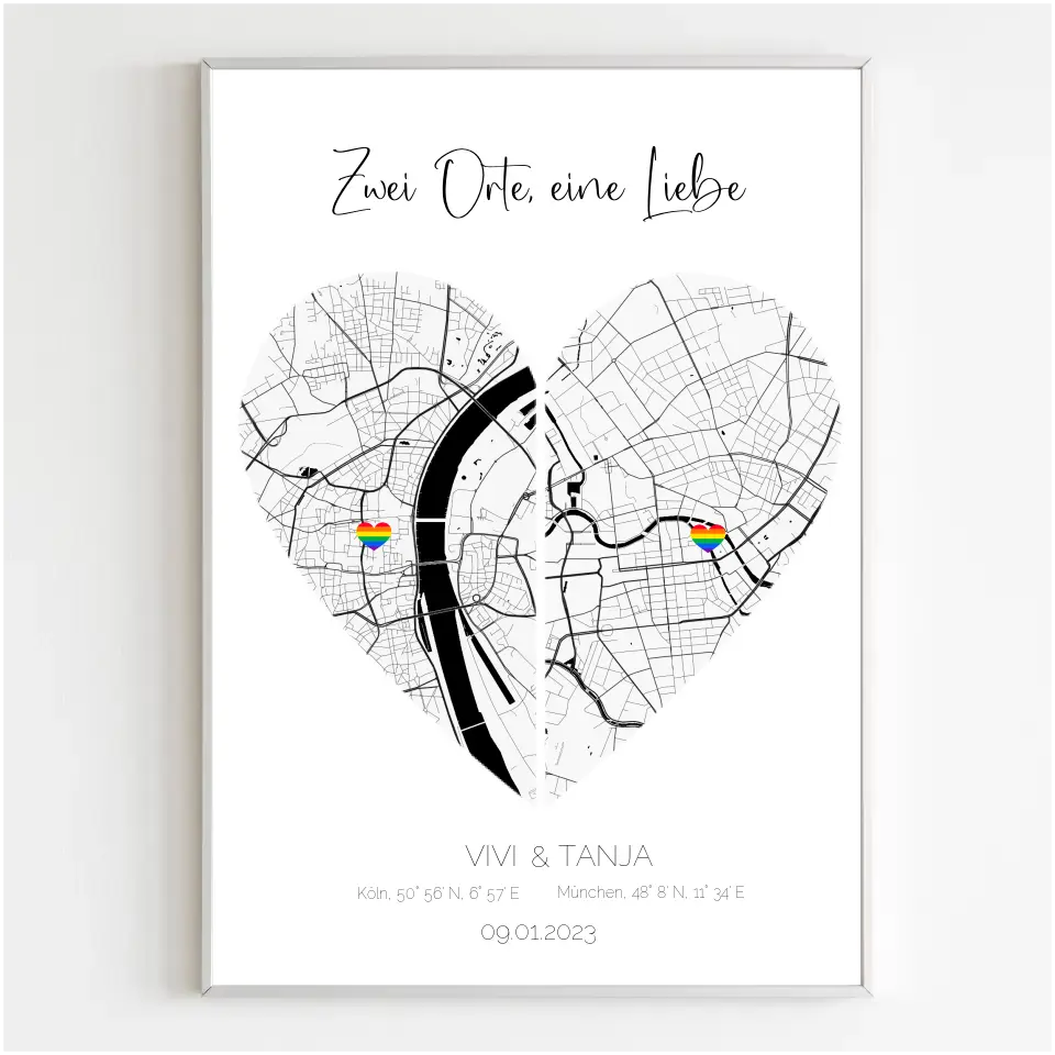 Personalisiertes Poster - Stadtkarte "Zwei Orte, eine Liebe"