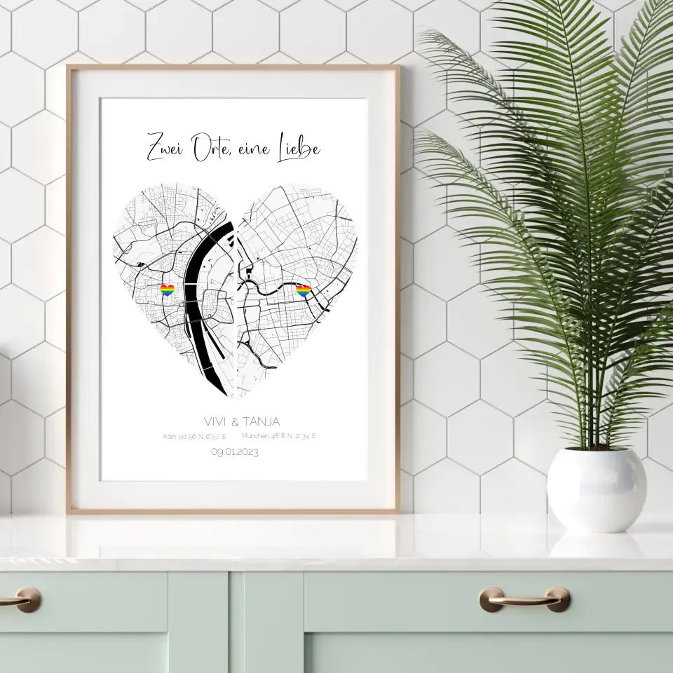 Personalisiertes Poster - Stadtkarte "Zwei Orte, eine Liebe"