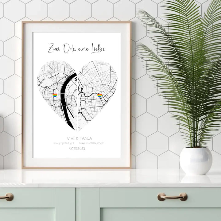 Personalisiertes Poster - Stadtkarte "Zwei Orte, eine Liebe"