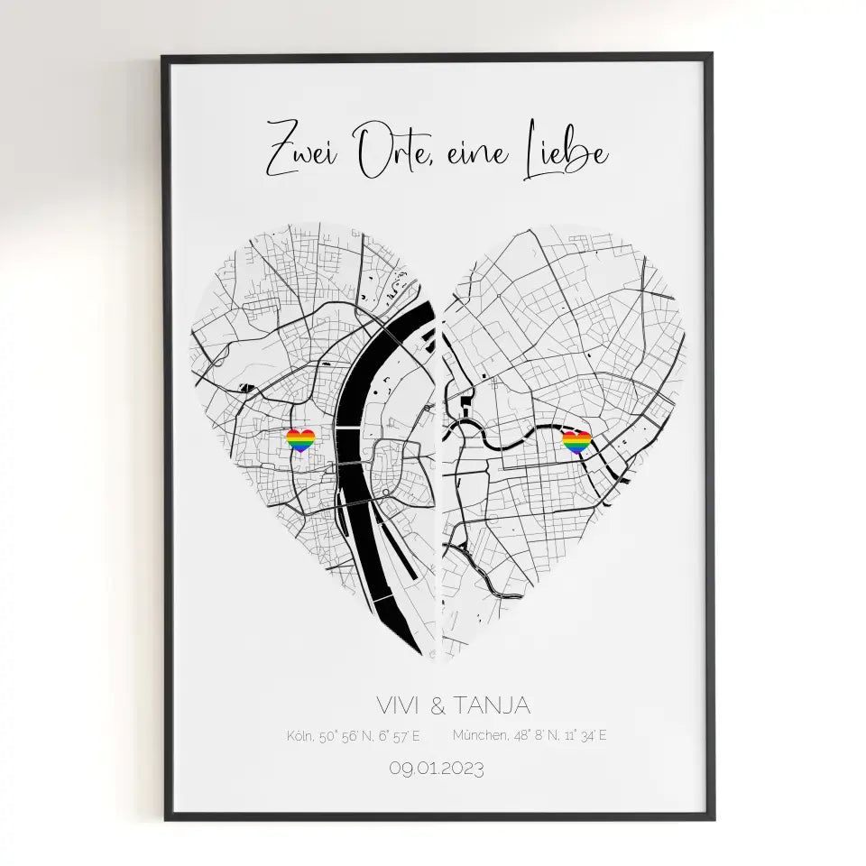 Personalisiertes Poster - Stadtkarte "Zwei Orte, eine Liebe"