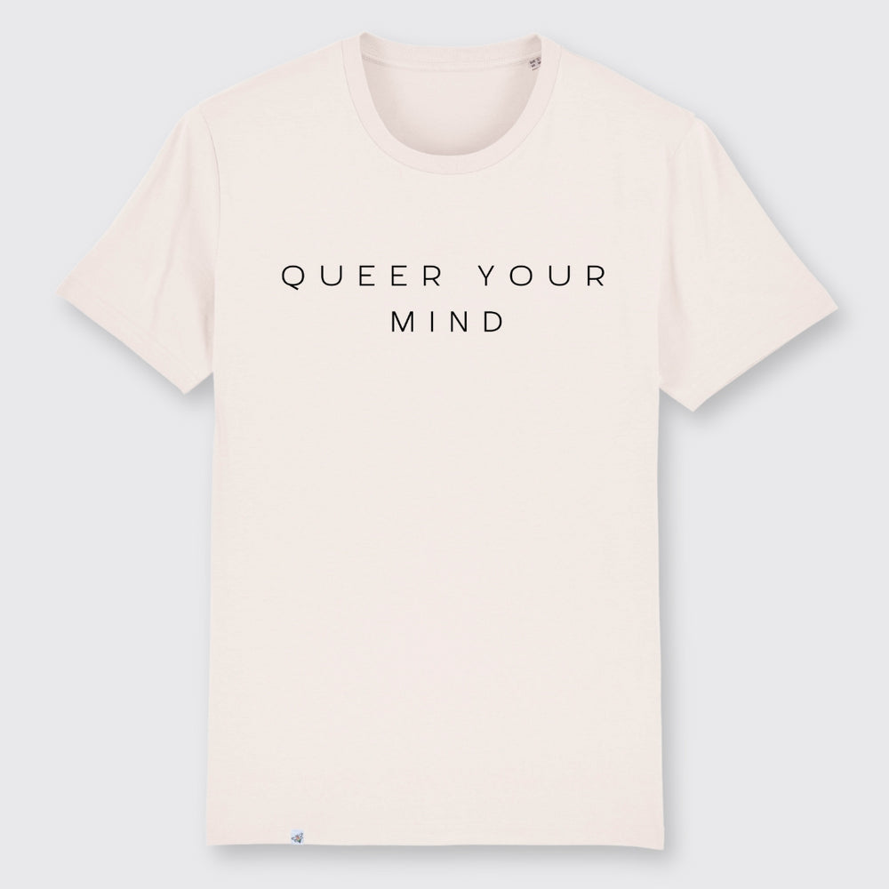 cremefarbenes Shirt mit der Aufschrift queer your mind