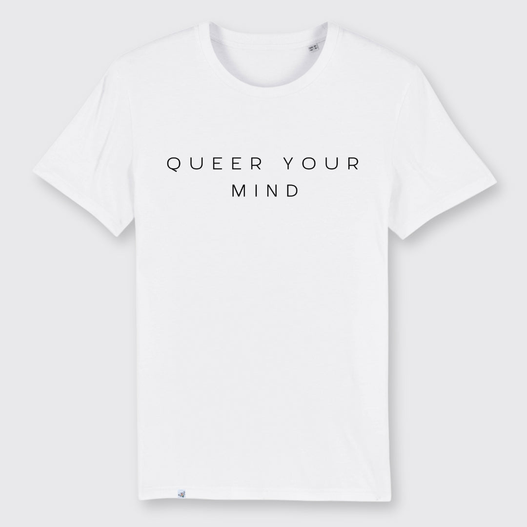 Weißes Shirt mit der Aufschrift queer your mind