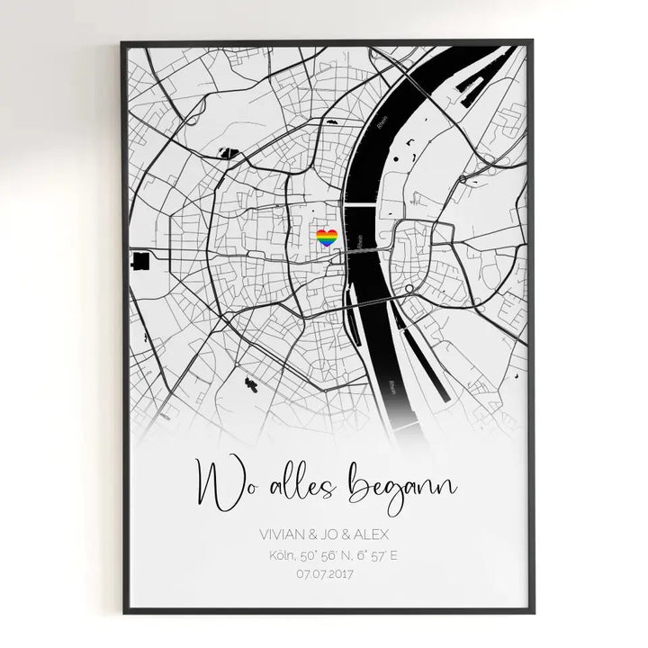 Personalisiertes Poster Straßenkarte mit Regenbogenherz als Markierung
