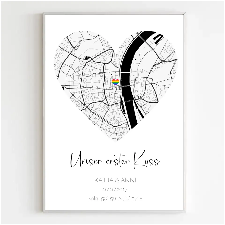 Personalisiertes Poster Straßenkarte in Herzform mit Regenbogenherz als Standort Markierung