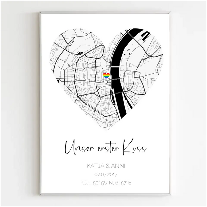 Personalisiertes Poster Straßenkarte in Herzform mit Regenbogenherz als Standort Markierung
