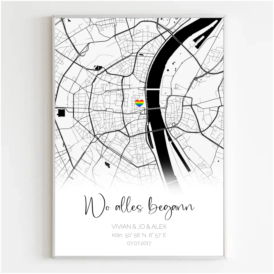 Personalisiertes Poster Straßenkarte mit Regenbogenherz als Standort Markierung