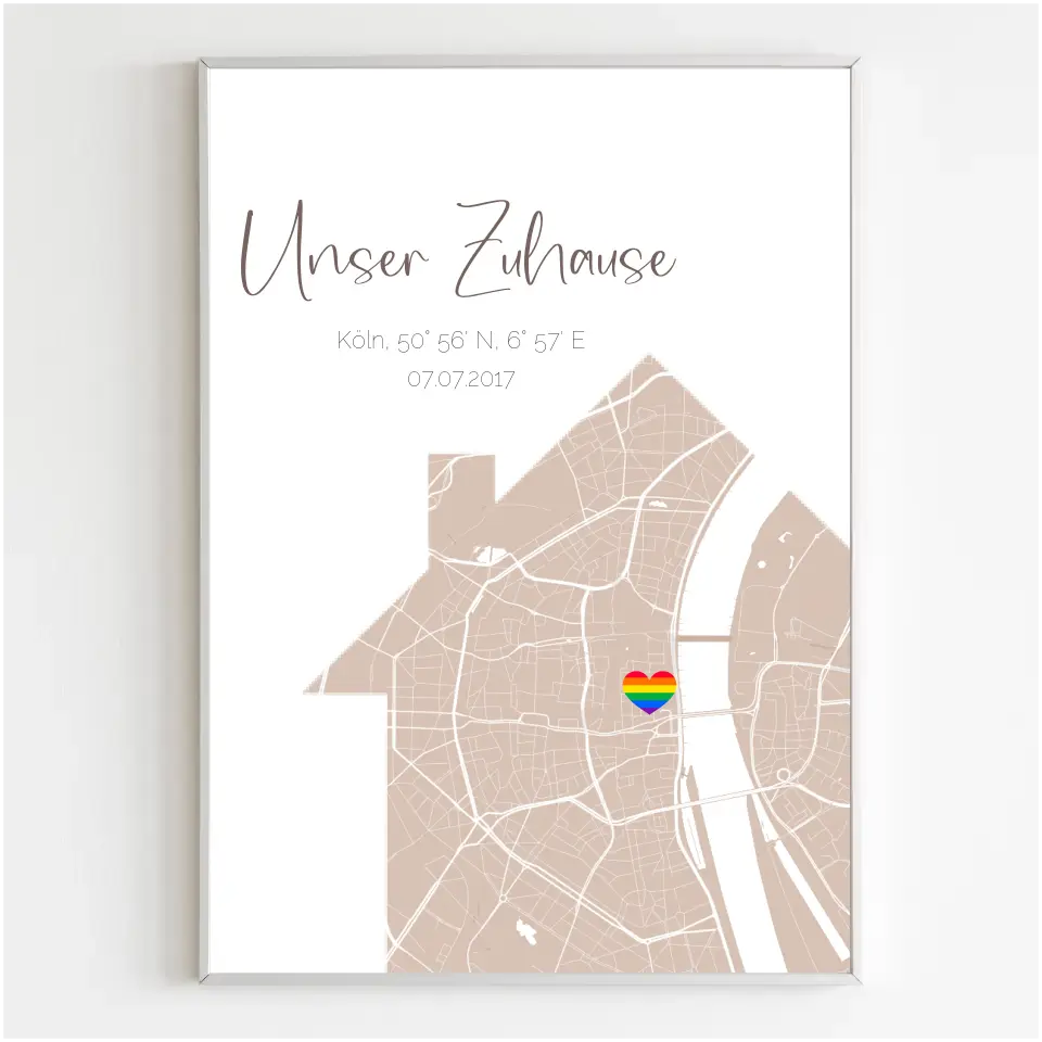 Personalisiertes Poster Straßenkarte in Hausform mit Regenbogenherz als Standort Markierung