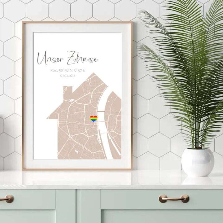 Personalisiertes Poster Straßenkarte in Hausform mit Regenbogenherz als Standort Markierung
