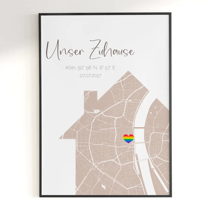 Personalisiertes Poster Straßenkarte in Hausform mit Regenbogenherz als Standort Markierung