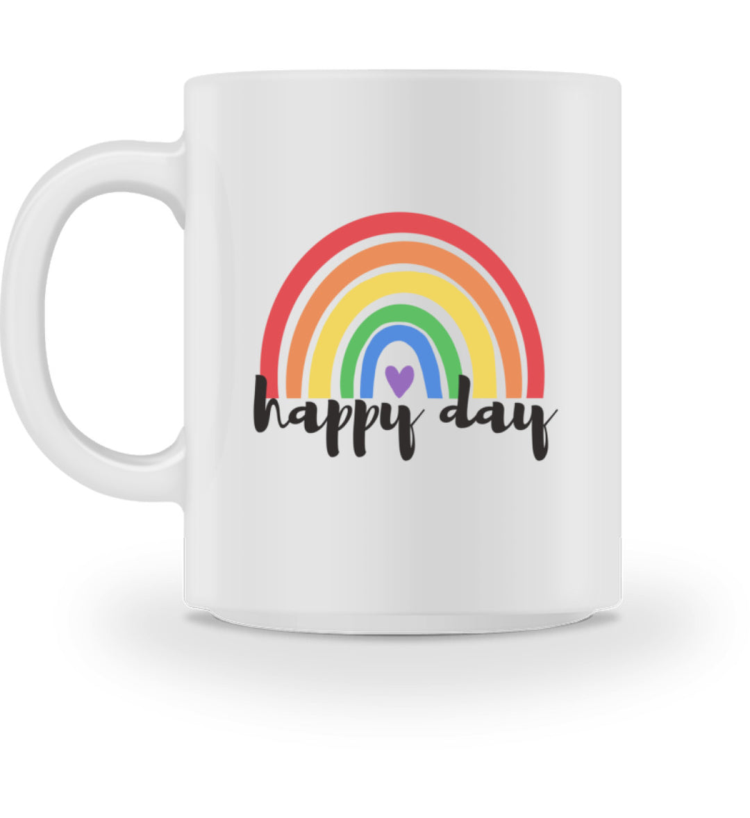 Weiße Tasse mit einem Regenbogen und der Aufschrift happy day