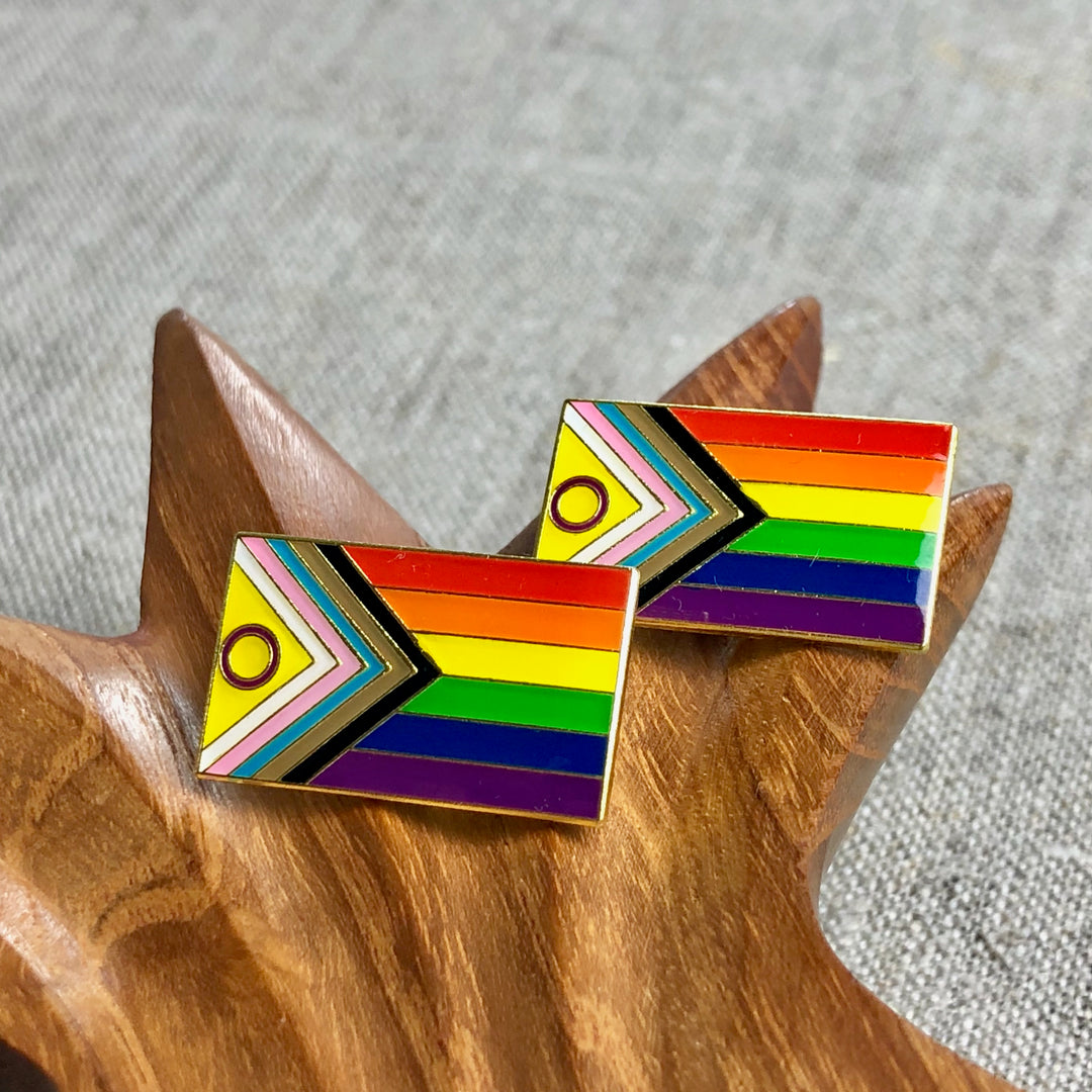 Zwei Anstecknadeln Progress Pride Flag in den Farben der neuen Progress Pride Flag