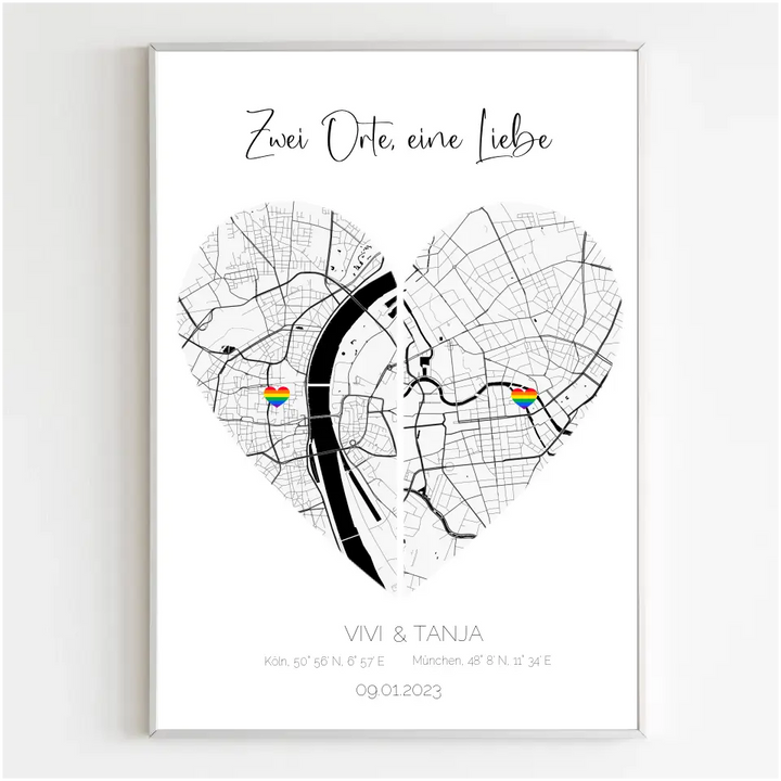 Personalisiertes Poster - Stadtkarte "Zwei Orte, eine Liebe"