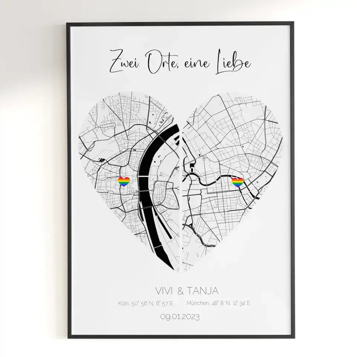 Personalisiertes Poster - Stadtkarte "Zwei Orte, eine Liebe"