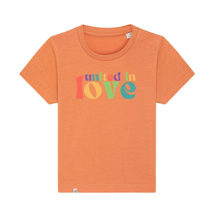 Baby-Shirt in der Farbe Papaya mit buntem Aufdruck united in love