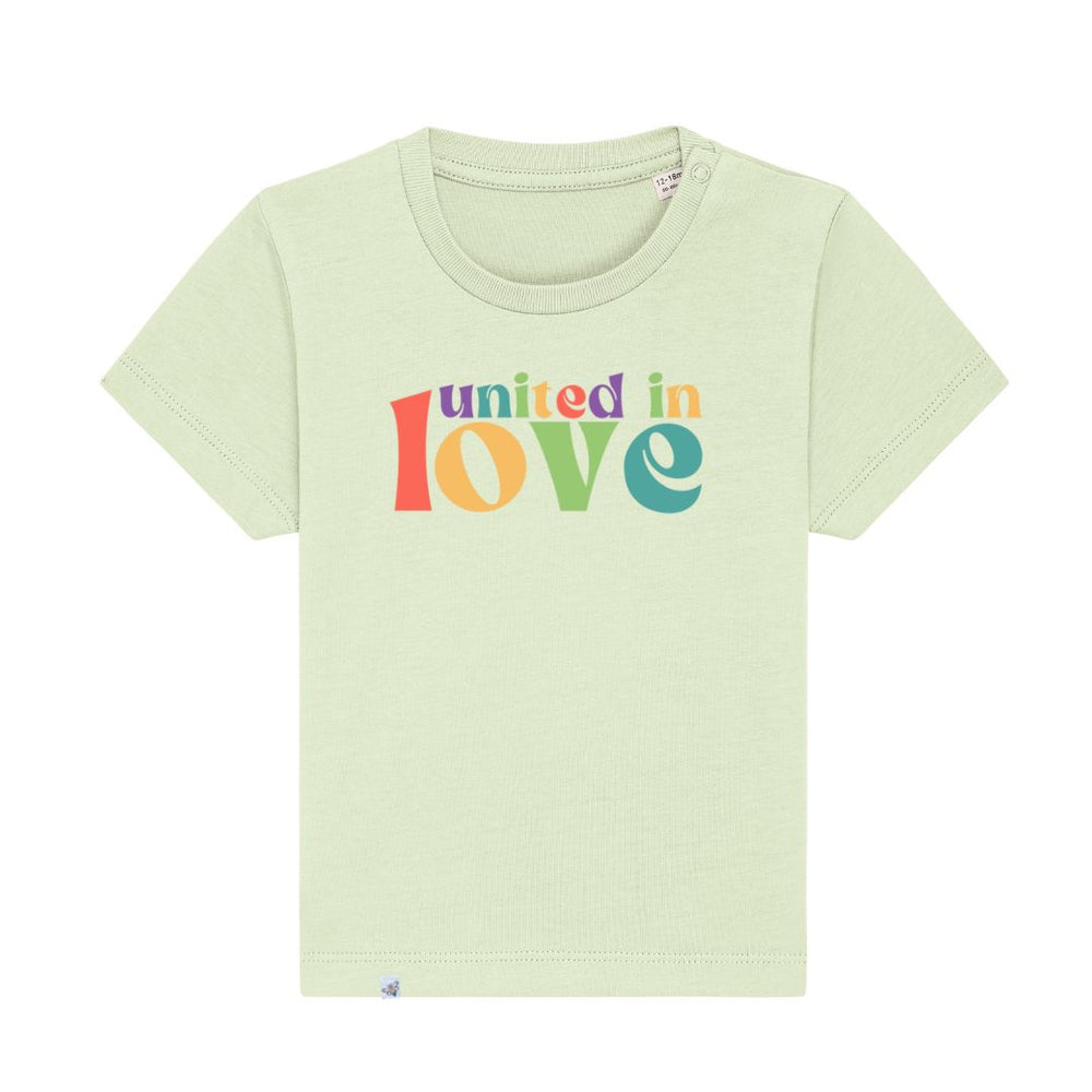 Baby-Shirt in der Farbe Lime mit buntem Aufdruck united in love