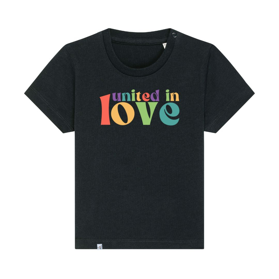 Schwarzes Baby-Shirt mit buntem Aufdruck united in love