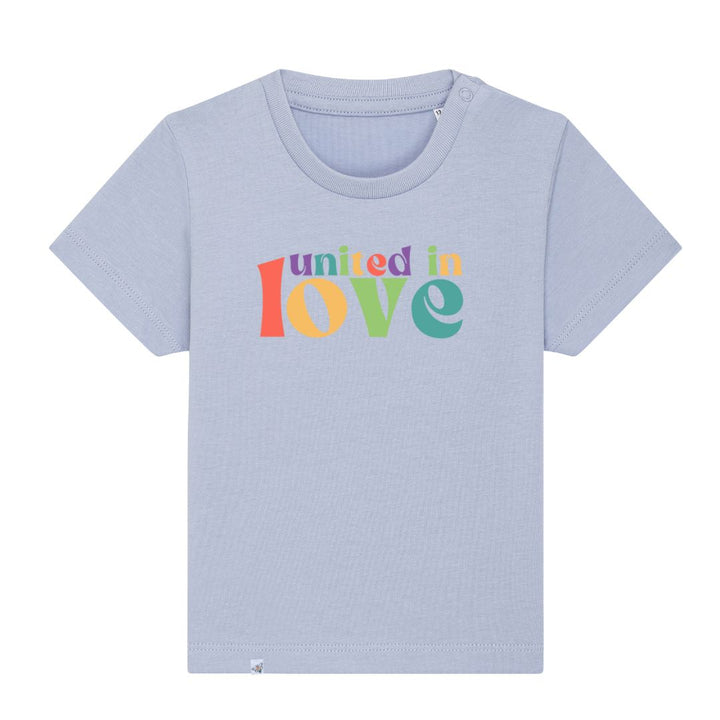 Baby-Shirt in der Farbe Soft Blue mit buntem Aufdruck united in love