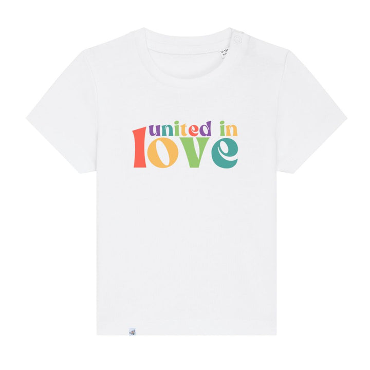 Weißes Baby-Shirt mit buntem Aufdruck united in love