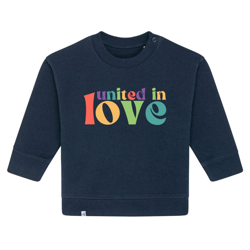Dunkelblaues Sweatshirt mit buntem Aufdruck united in love