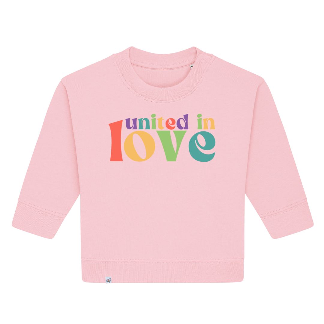 Rosafarbenes Sweatshirt mit buntem Aufdruck united in love