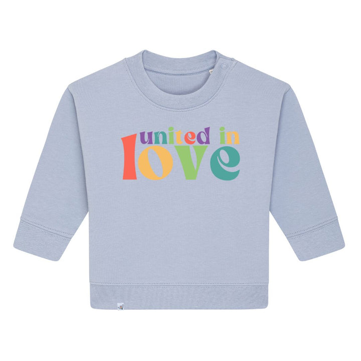 Sweatshirt in der Farbe Soft Blue mit buntem Aufdruck united in love