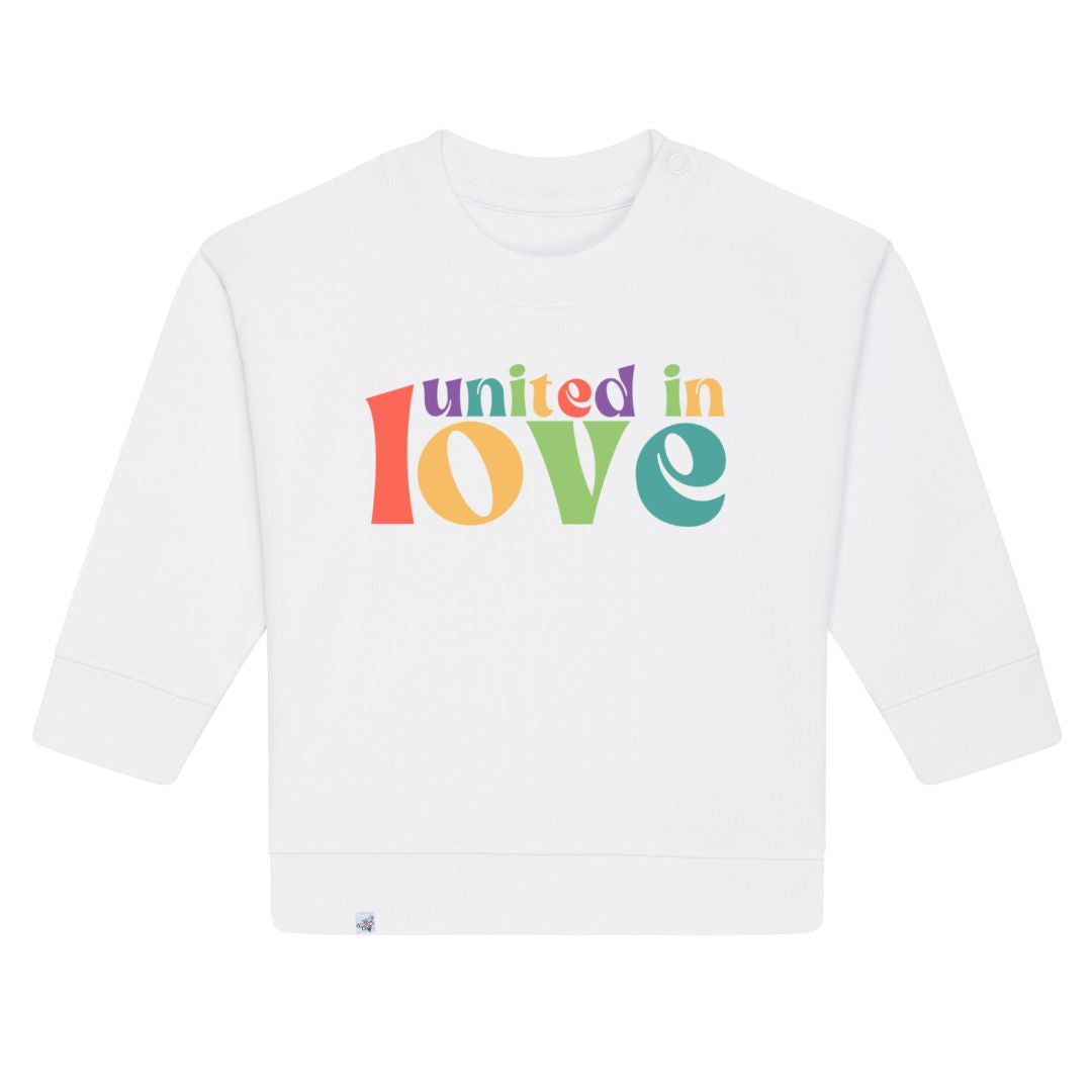 Weißes Sweatshirt mit buntem Aufdruck united in love