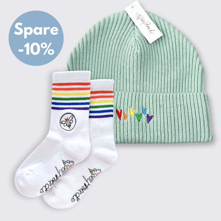Beanie "Regenbogen-Herzen" & BeeProud Regenbogen Socken