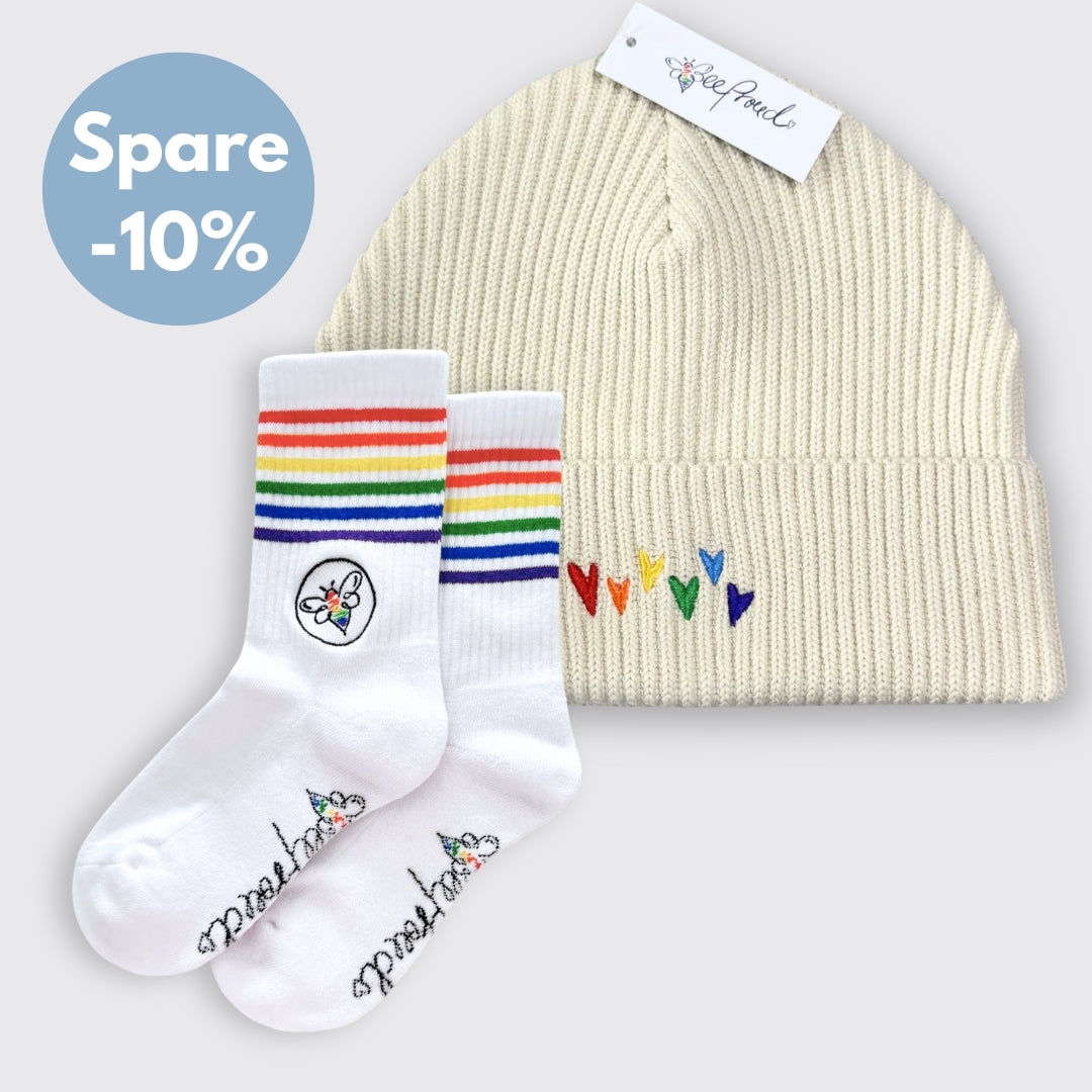 Beanie "Regenbogen-Herzen" & BeeProud Regenbogen Socken