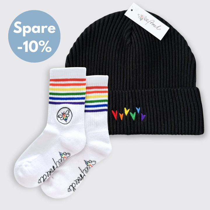 Beanie "Regenbogen-Herzen" & BeeProud Regenbogen Socken