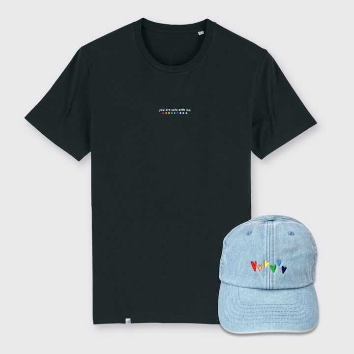 Shirt "You are safe with me" & Cap "Regenbogen-Herzen"