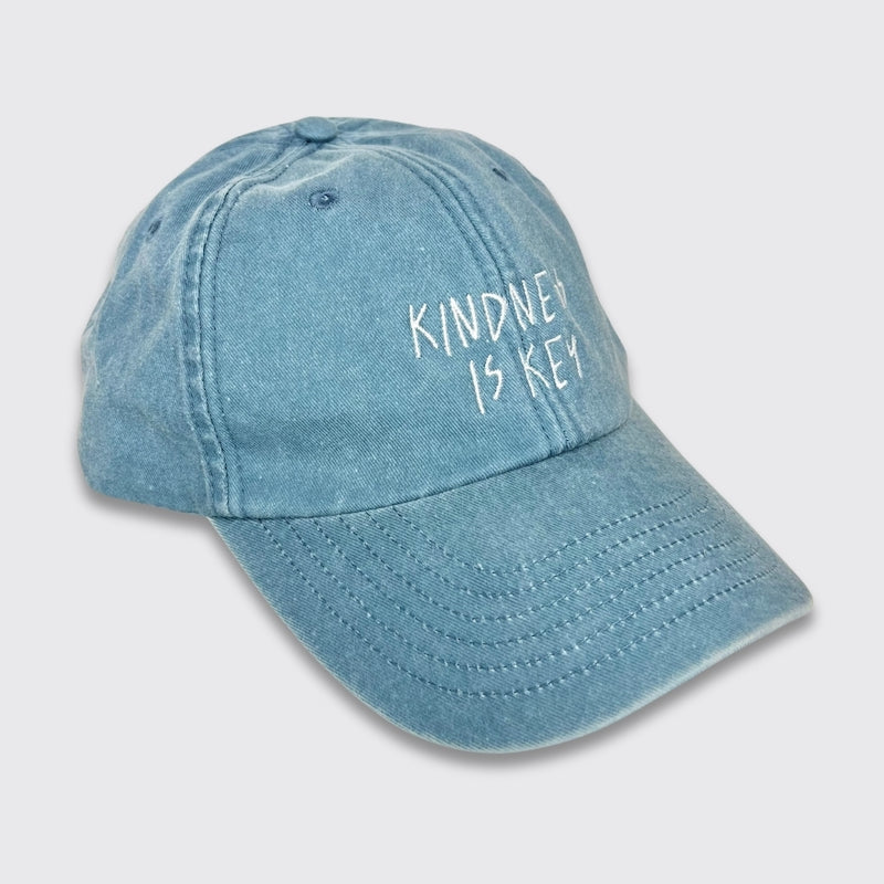 Vintage Cap in hellblau mit Stick kindness is key von der Seite