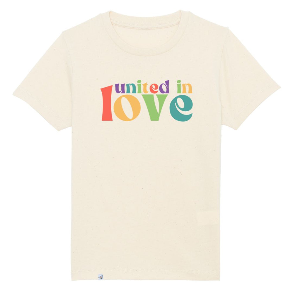 Naturfarbenes Kindershirt mit buntem Aufdruck united in love