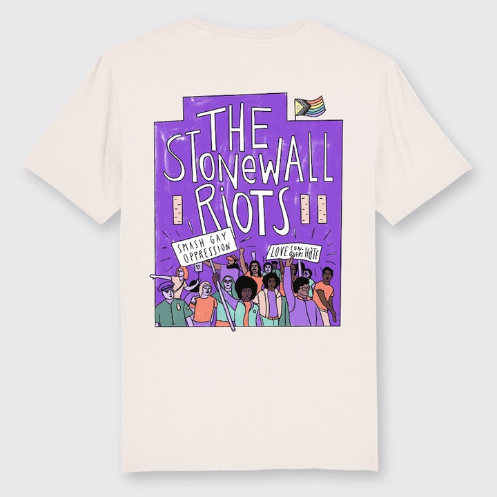 Cremefarbenes Shirt mit großem Backprint der Stonewall Riots in der Farbe Lila