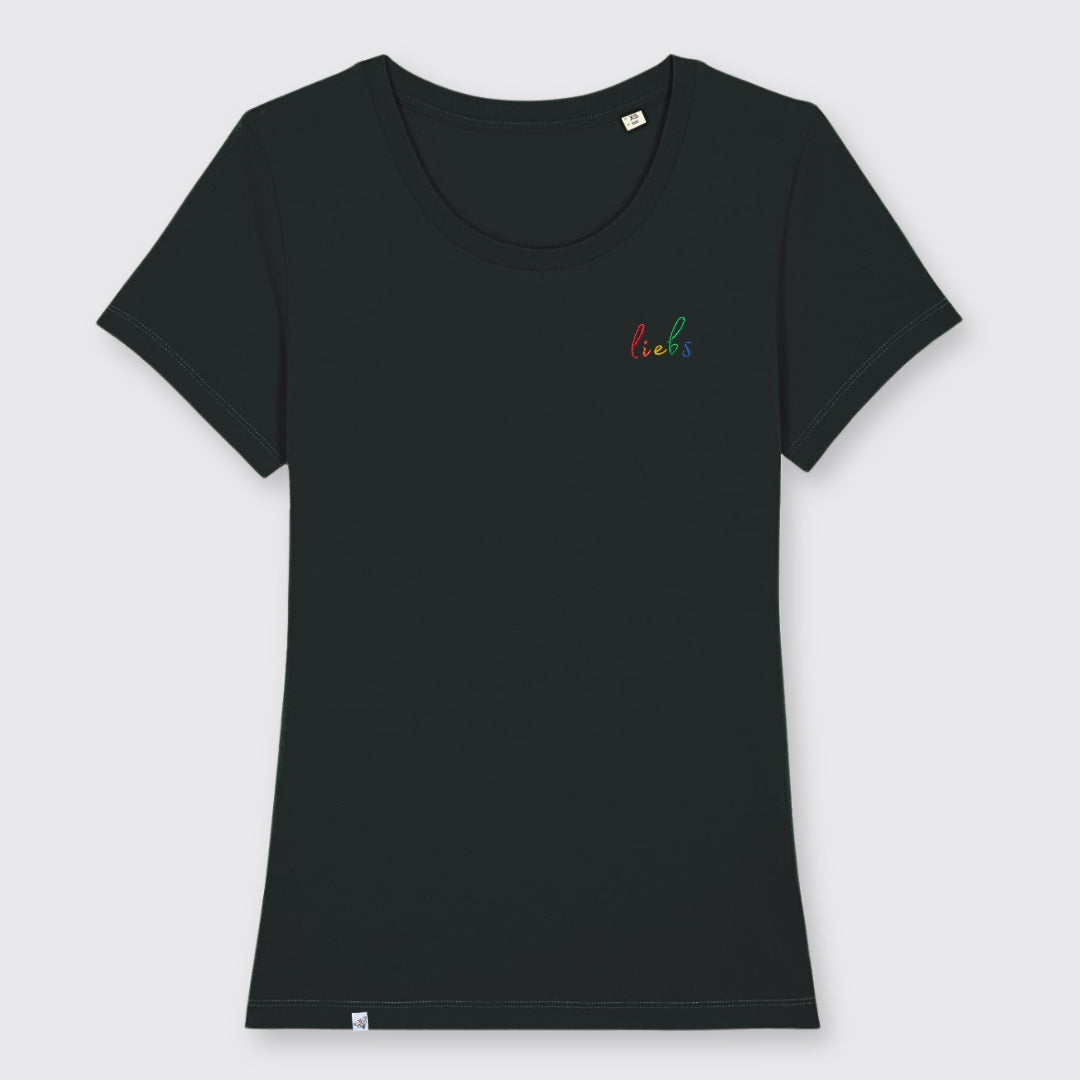 Schwarzes tailliertes Shirt mit dem Stickdesign liebs in Regenbogenfarben