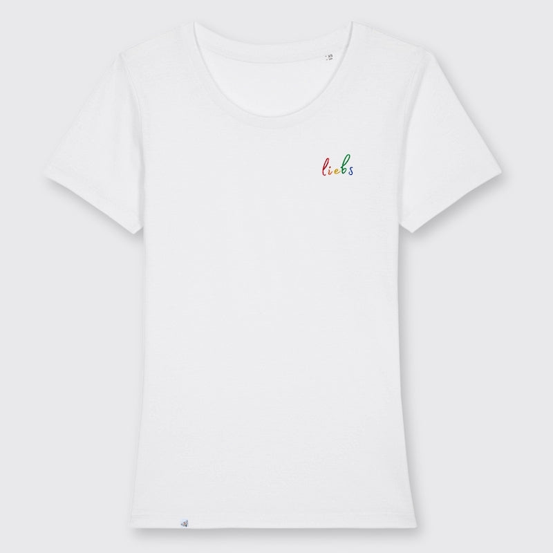 Weißes tailliertes Shirt mit dem Stickdesign liebs in Regenbogenfarben
