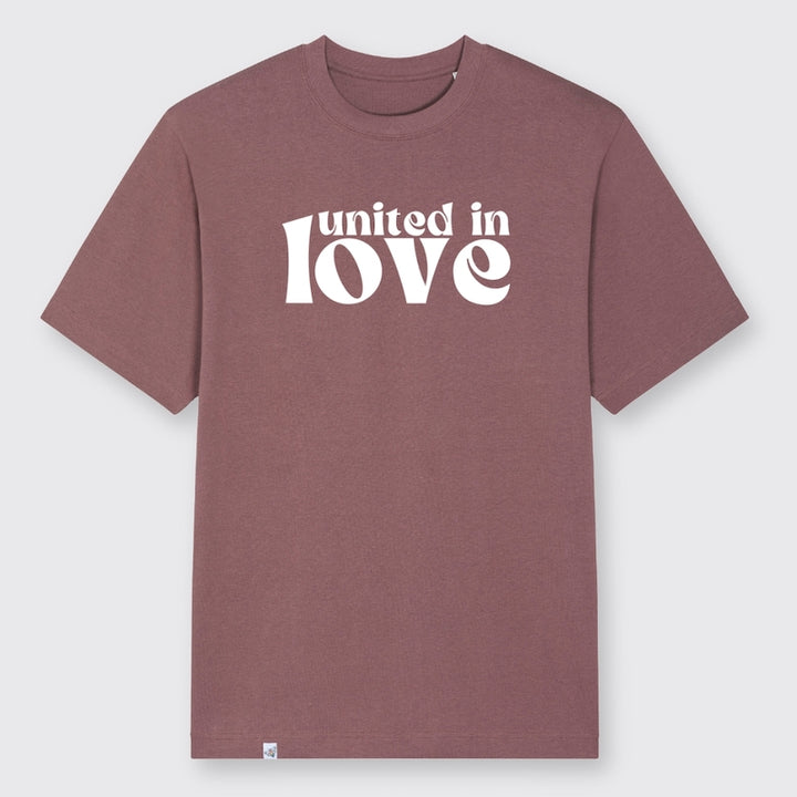 Oversized Shirt in der Farbe Aubergine mit dem Aufdruck united in love