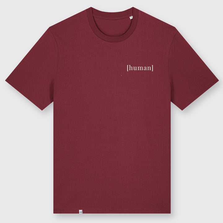 burgundyfarbenes Shirt mit kleiner Aufschrift human auf der Brust