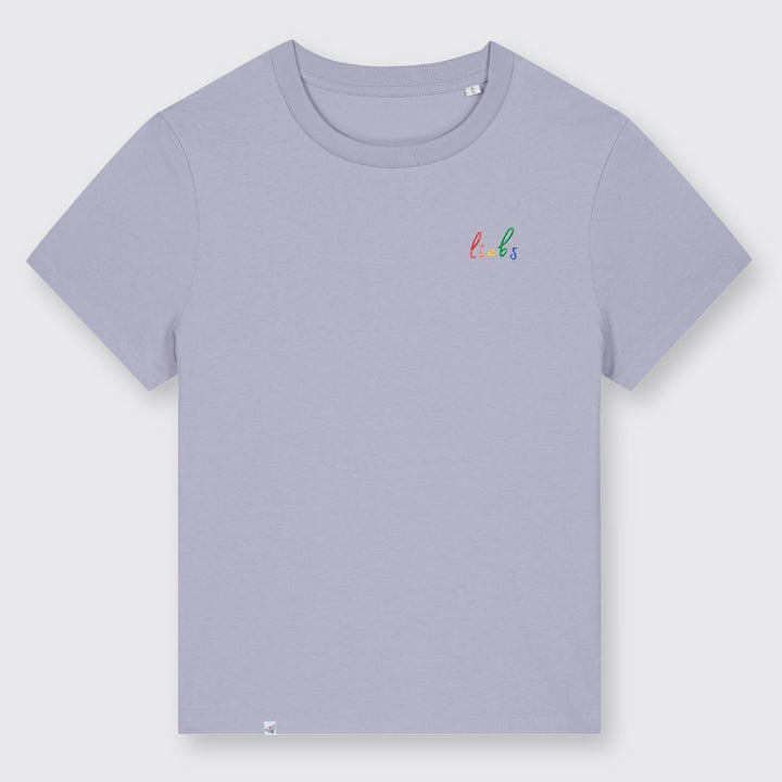 Lavendelfarbenes Shirt mit kleinem Stick liebs in Regenbogenfarben