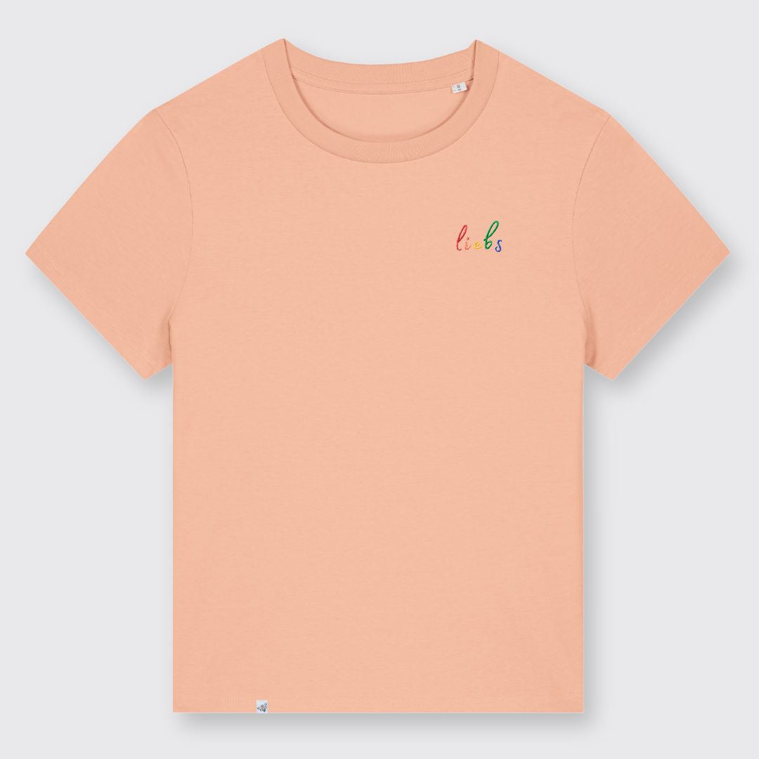 Shirt in der Farbe Peach mit kleinem Stick liebs in Regenbogenfarben