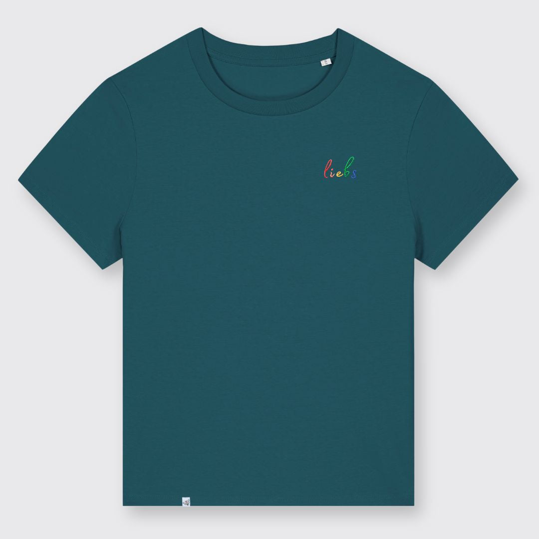 Petrolgrünes Shirt mit kleinem Stick liebs in Regenbogenfarben