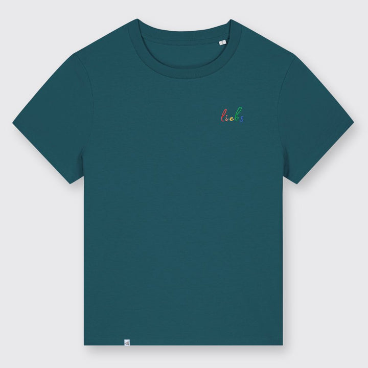 Petrolgrünes Shirt mit kleinem Stick liebs in Regenbogenfarben