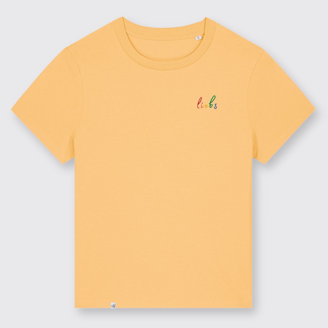 Shirt in Sonnengelb mit kleinem Stick liebs in Regenbogenfarben