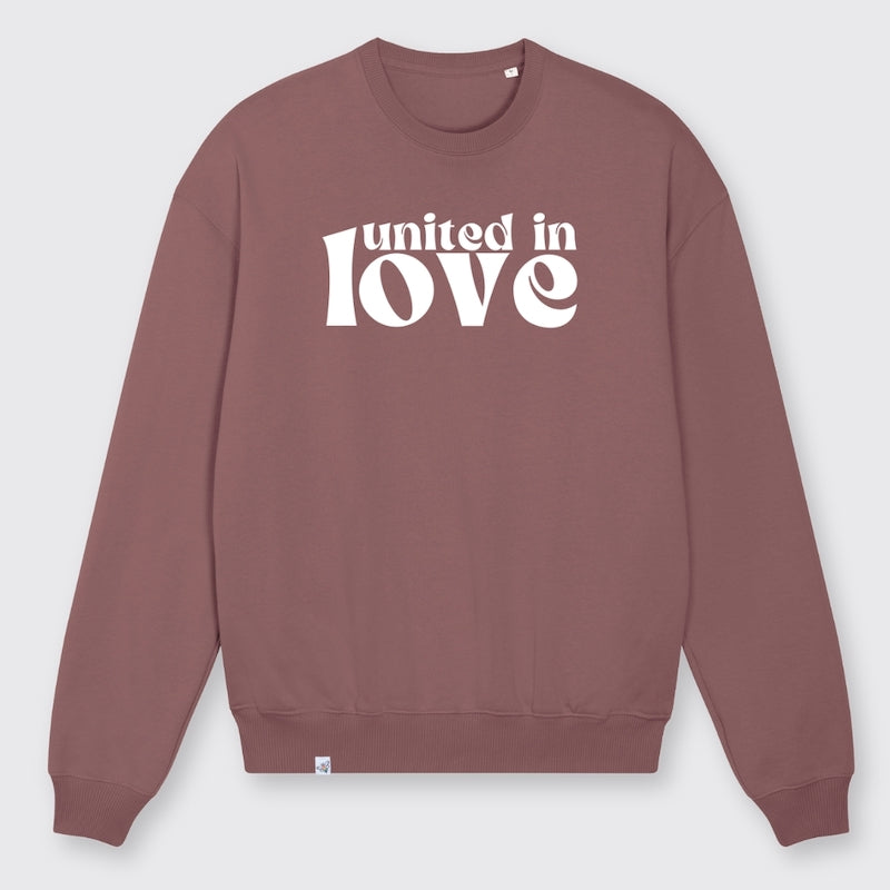 Sweatshirt in der Farbe Aubergine mit dem Aufdruck united in love