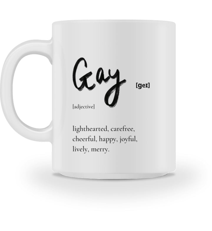 Weiße Tasse mit der Aufschrift Gay