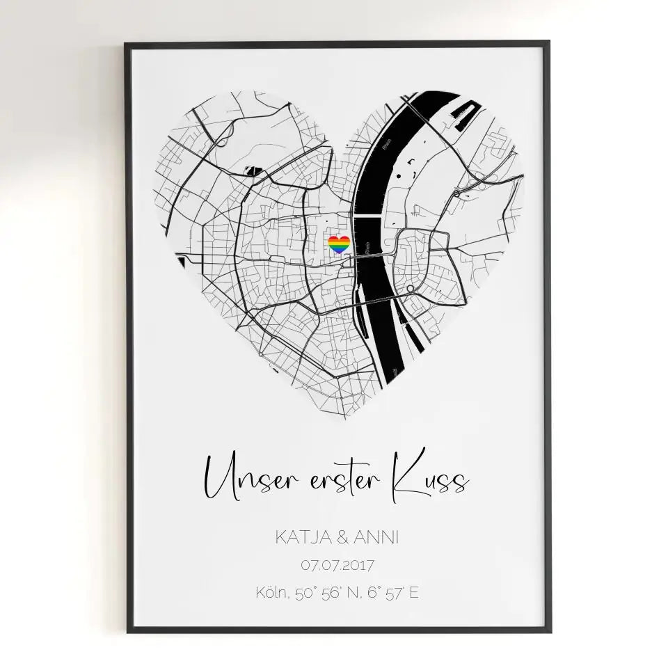 Personalisiertes Poster Straßenkarte in Herzform mit Regenbogenherz als Standort Markierung