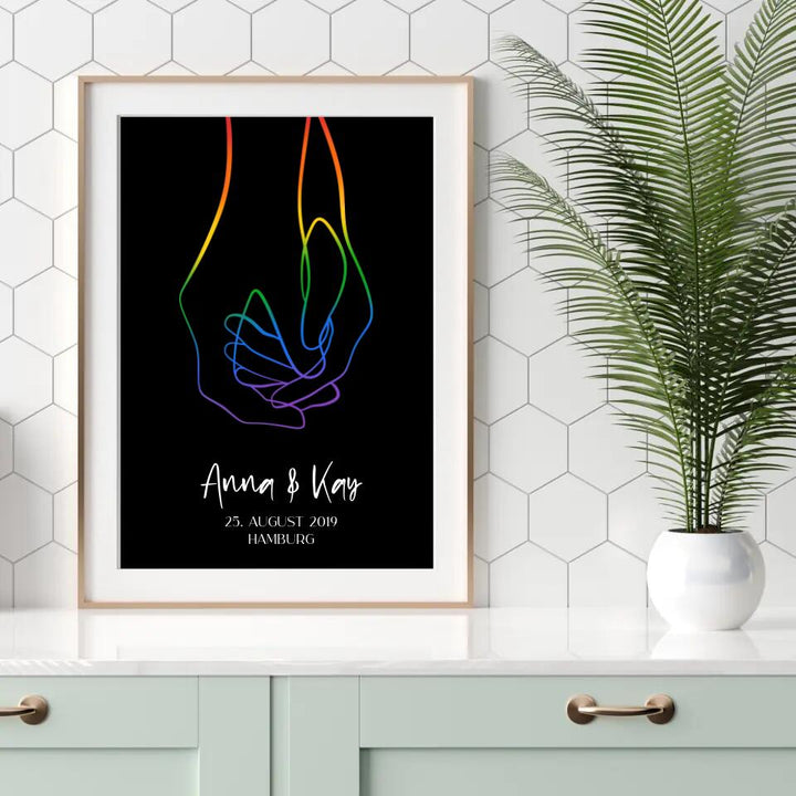 Personalisiertes Poster schwarz mit zwei Händen in Regenbogenfarben 