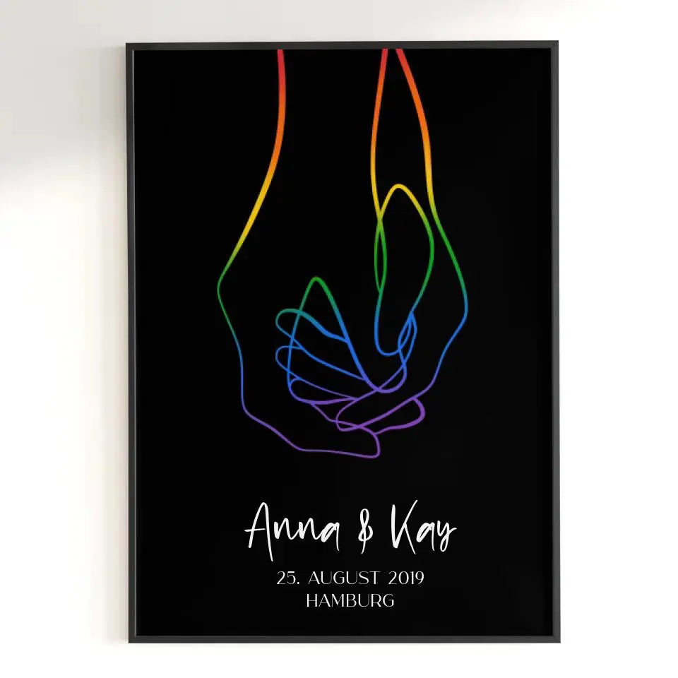 Personalisiertes Poster schwarz mit zwei Händen in Regenbogenfarben 