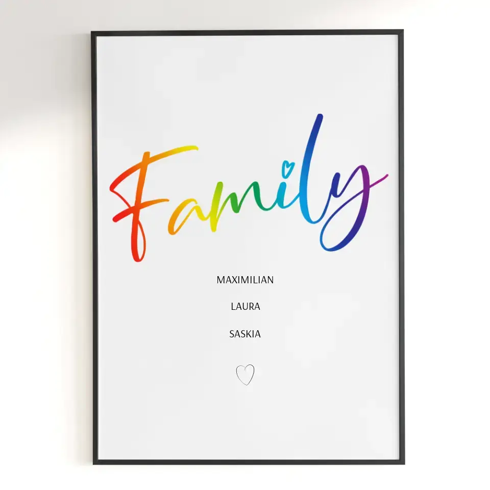 Personalisiertes Poster mit Aufschrift Family in Regenbogenfarben