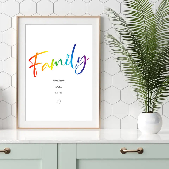 Personalisiertes Poster mit Aufschrift Family in Regenbogenfarben