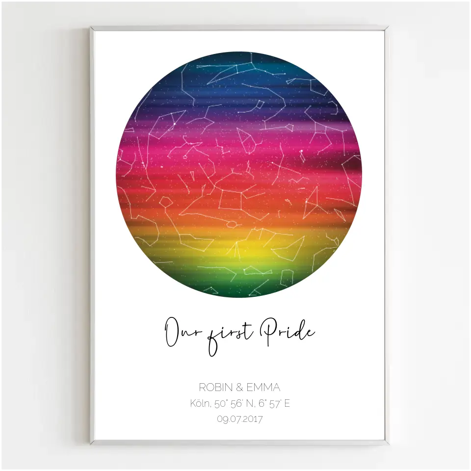 Personalisiertes Poster  Sternenkarte Kreisform in Regenbogenfarben